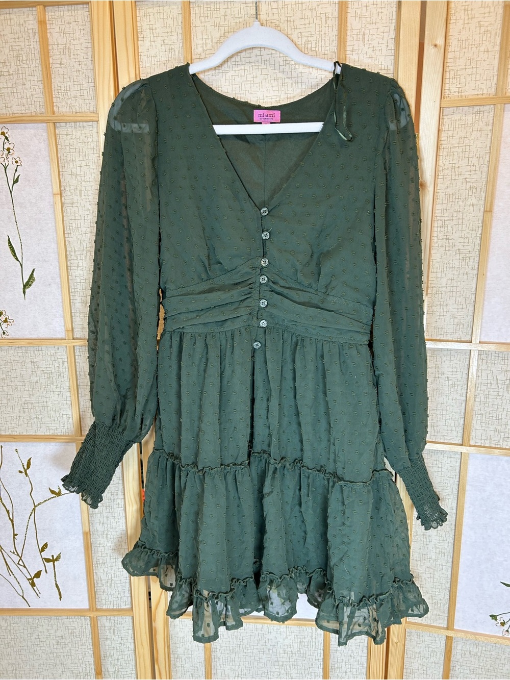 Francesca's Collections Forest Green Tiered Button-Front Long Sleeve Dress
